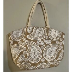 Jute Beach Tote Bag with White Paisley Pattern 16” x 12”